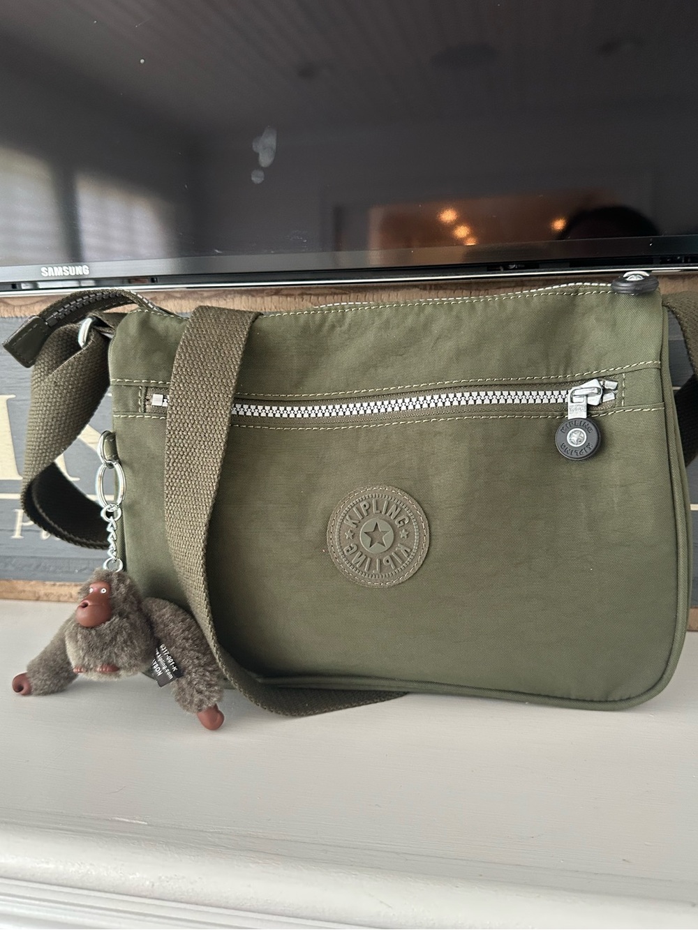 Kipling Green Moss Crossbody Shoulder Bag with Signature Fur Monkey Keychain